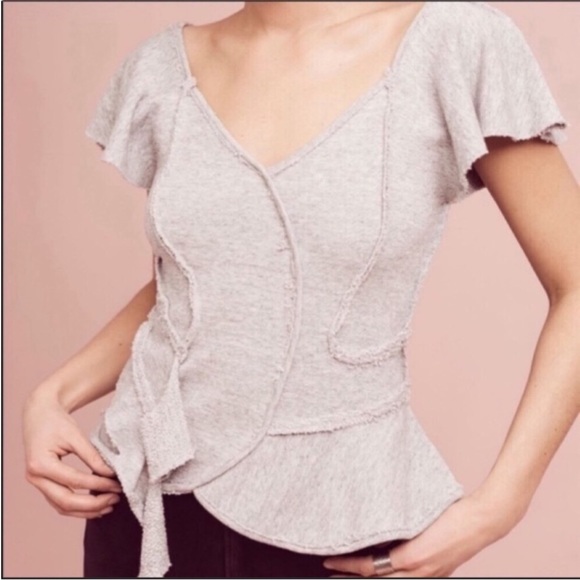Anthropologie Deletta Gray Terry Ruffle Peplum StatementTop Size XS Worn 2X! - Picture 2 of 11